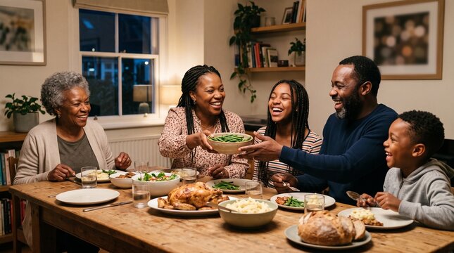 Multi generational Black family enjoying a festive holiday dinner together at a wooden table filled with food and laughter
