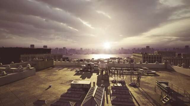 Sun beams pierce dramatic roof clouds, wet surfaces and scattered pallets reflect piercing light, moody urban panorama with contrast and haze