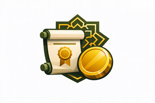 Islamic finance certificate icon featuring an unrolled parchment scroll with a seal ribbon next to a gold coin against a dark green star pattern background