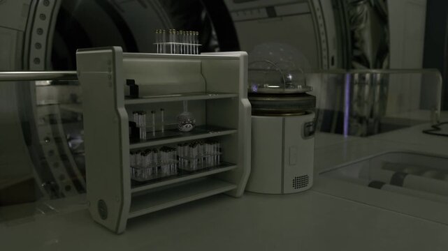 Greenlit storage bay with vial racks and sealed dome incubator, organized shelves, chilled storage vibe, scientific supply staging for crewed mission