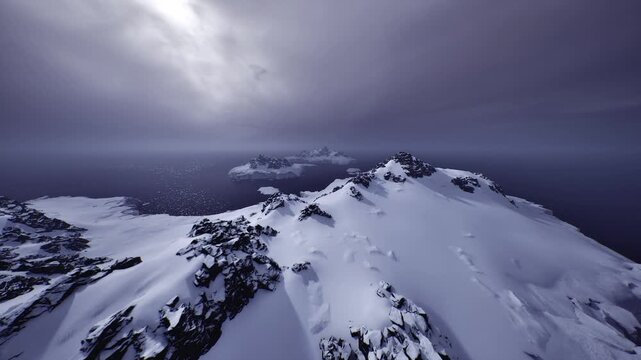 survey drone mapping icy ridge near coastline, high contrast details reveal rock exposure, snow distribution and potential research markers for field teams
