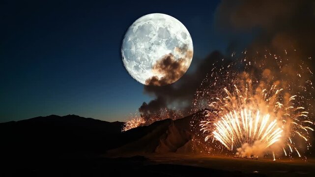 Stunning Full Moon illuminating a Dark Mountain Landscape with Bright Fireworks Explosions in the Night Sky