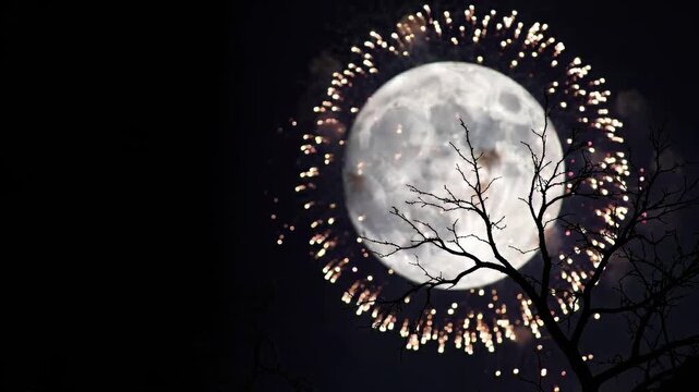 Full Moon Night Sky Enhanced by Glowing Circular Fireworks Display Behind Bare Tree Silhouettes
