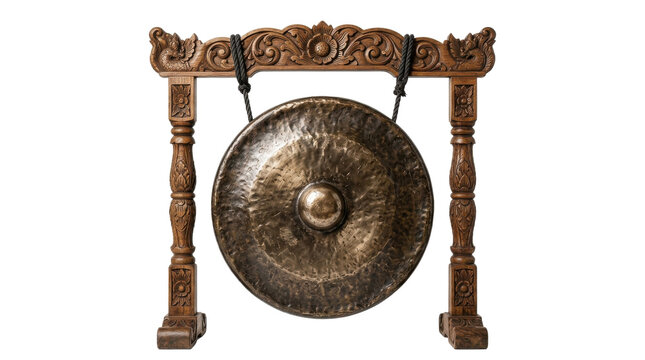 Traditional bronze gong suspended within an ornate hand-carved wooden frame isolated against white studio background setting