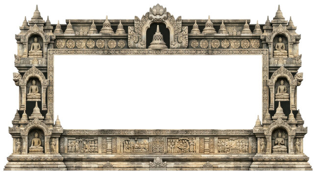 Ornate stone carved border featuring thai temple architecture elements isolated against white background for commercial editorial design