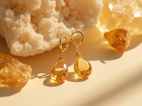 Elegant amber gemstone earrings displayed against a textured white mineral and amber stones for a luxurious jewelry presentation