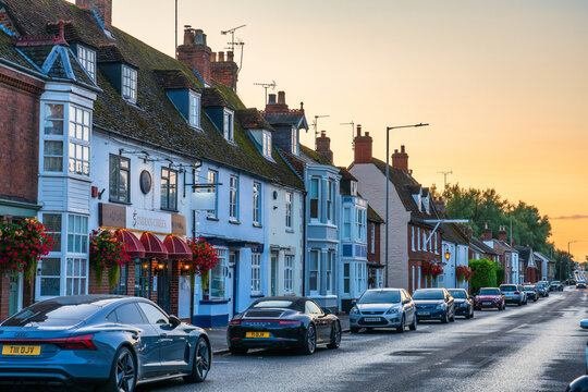 Hight Street architecture of Stony Stratford at sunset. Stony Stratford is a market town in Buckinghamshire and a constituent town of Milton Keynes