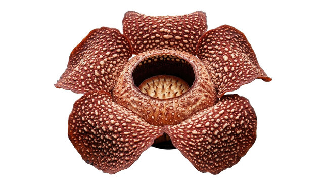 Rafflesia arnoldii giant parasitic flower isolated white background macro photography red spotted textured bloom detail