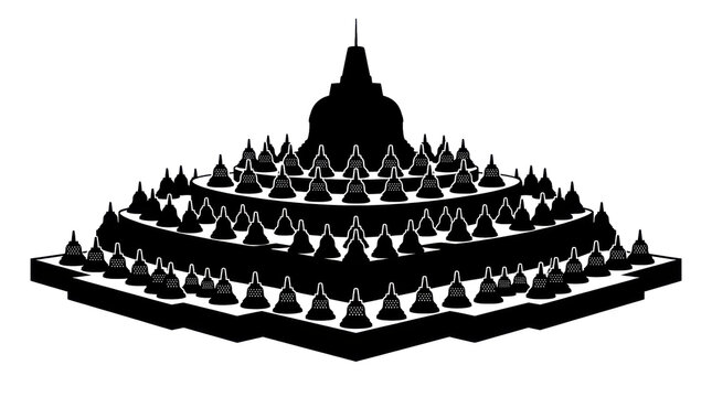 Black silhouette of borobudur temple monument showcasing structural stupa layers isolated against white background vector icon