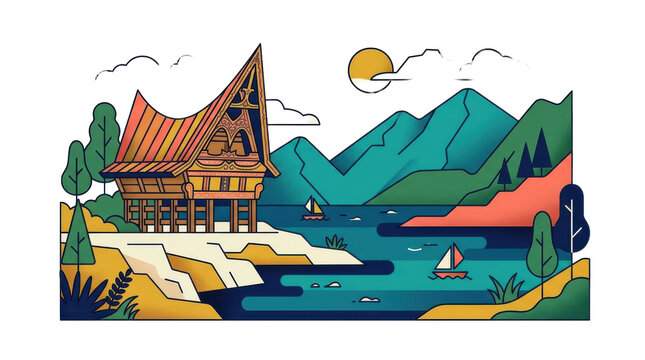 Traditional batak tribal house located beside lake toba in indonesia depicted using flat vector illustration style with vibrant palette