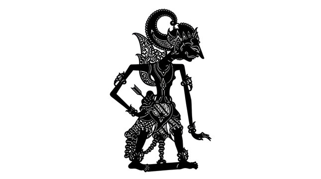 Intricate silhouette of a traditional wayang kulit puppet, crafted from leather and detailed ornamentation, ideal for cultural storytelling projects