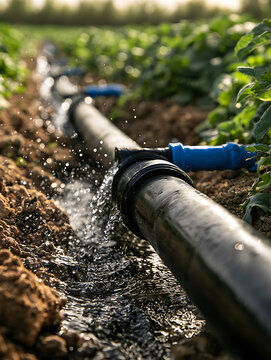 Long, black drip irrigation pipes stretch along the vegetable garden