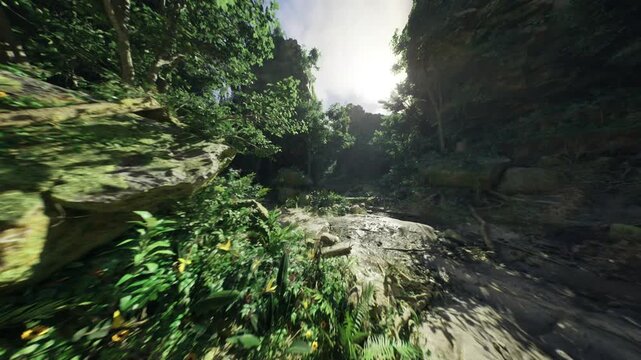 limestone chasm leading toward bright opening, rugged walls streaked with moss and strata, path of light guiding gaze, dramatic scale and texture