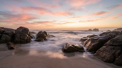 Obraz premium Long exposure seascape at golden hour with soft waves crashing against coastal rocks