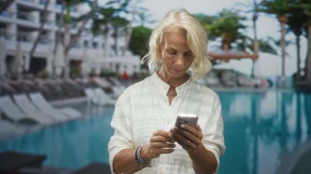Woman, blonde middleaged, tapping smartphone with index finger by hotel poolside, wearing white blouse, bracelets and necklace; calm leisure.