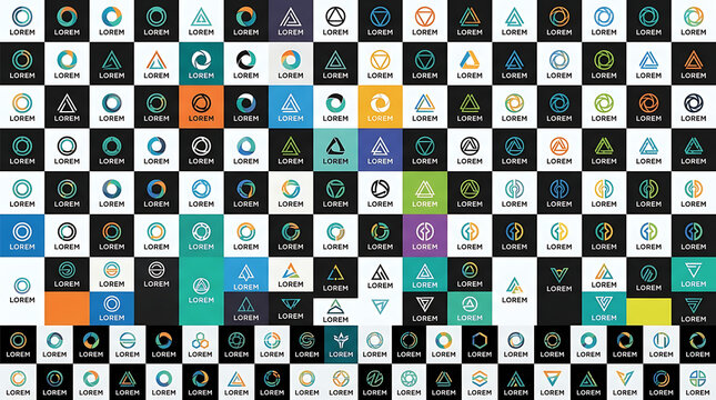 Grid of abstract geometric logos and modern corporate identity icons on dark background