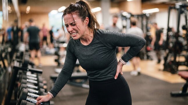 Woman experiencing back pain while exercising at a gym with dumbbells in the foreground and blurred people in the background