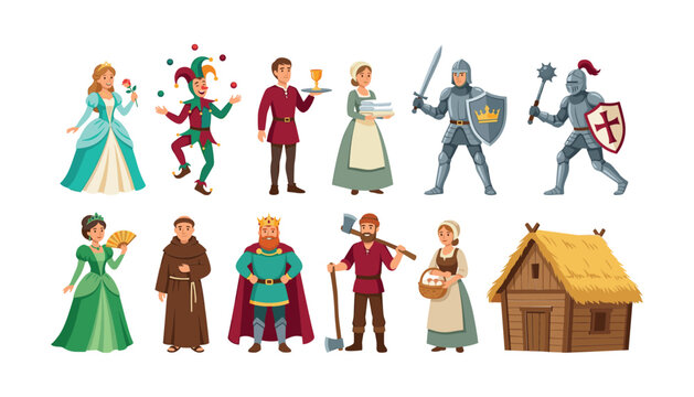 Medieval people character set with king queen knights peasant jester monk servant and historic wooden cottage vector elements