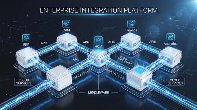3D Enterprise Integration Platform Network Connecting ERP CRM HCM and Cloud Services
