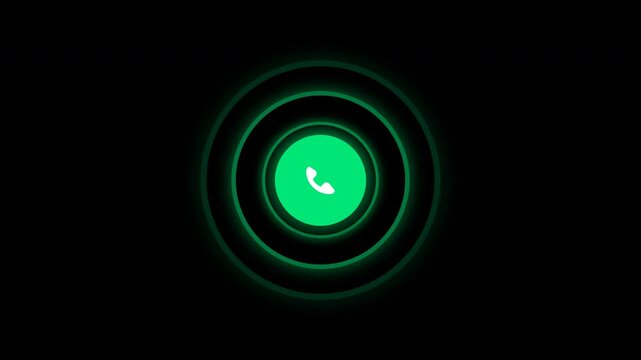 Incoming phone call icon pulsing with green concentric rings on black background with urgent glow for customer support marketing