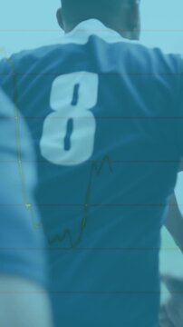 Animation of financial data processing over diverse rugby players on field