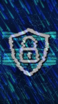 Animation of padlock icon over data processing and network of connections on black background
