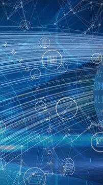 Animation of network of digital icons and data processing against light trails and globe