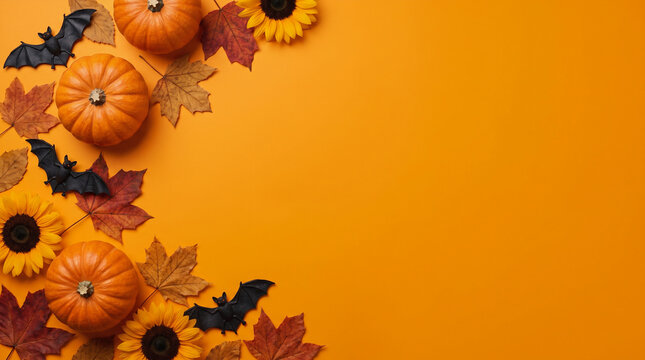 Autumn pumpkins, colorful fall leaves, sunflowers and black bats arranged along the left border on an orange background, creating a festive seasonal frame with copy space