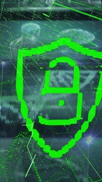 Animation of padlock icon over network of connections and data processing