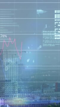 Animation of finacial data processing over cityscape