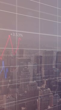 Animation of finacial data processing over cityscape