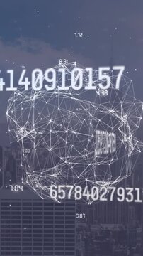 Animation of data processing and network of connections over cityscape