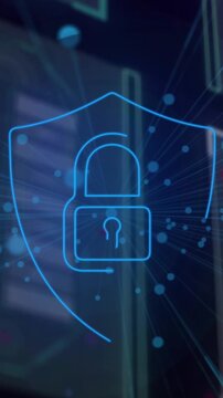 Animation of blue dots over digital screen and digital padlock on black background
