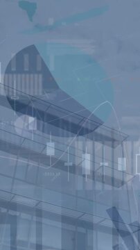 Animation of financial data processing and statistics over cityscape
