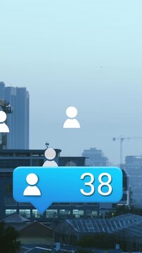 Animation of profile icon with increasing numbers aerial view of cityscape