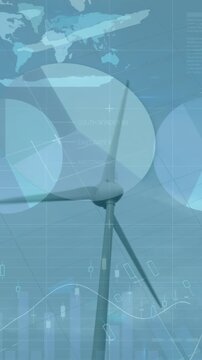 Animation of statistics and data processing over wind turbines in countryside landscape