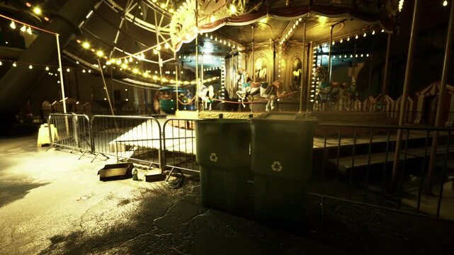 Empty carousel corner under warm lights, wet pavement reflecting golden bulbs, closed ride stalls, benches and trash bins scattered, quiet fairground atmosphere