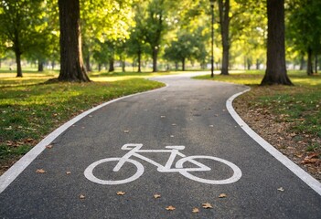 Obraz premium Sunlit winding bicycle lane through a peaceful green park, featuring white bike markings, autumn leaves, fresh asphalt, lush grass, tall trees, and gentle bokeh.