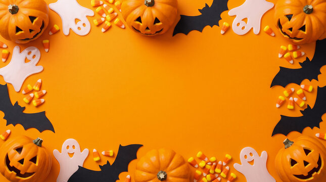 Halloween jack-o'-lantern pumpkins, black bats, white ghosts and candy corn arranged as a spooky border frame on an orange background, creating a festive design with central copy space