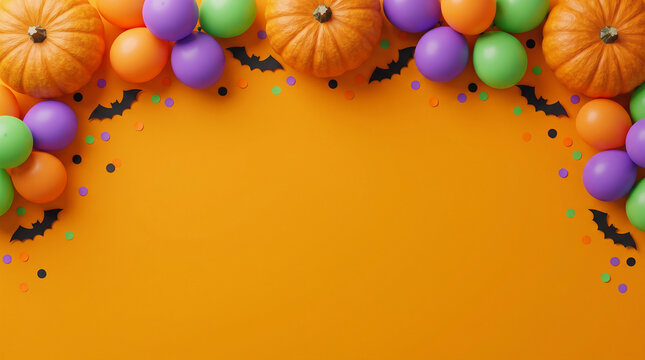 Halloween pumpkins, colorful balloons, confetti and black bats arranged along the top border on an orange background, creating a festive spooky party frame with clean copy space