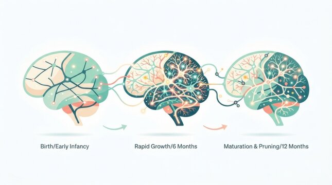 Illustrations show brain development stages from birth to 12 months illustrating growth and changes in connections