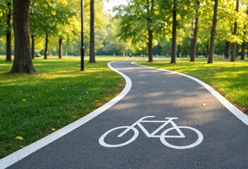 Obraz premium Sunlit winding bicycle lane through a peaceful green park, featuring white bike markings, autumn leaves, fresh asphalt, lush grass, tall trees, and gentle bokeh.