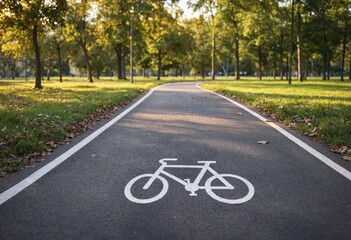 Obraz premium Sunlit winding bicycle lane through a peaceful green park, featuring white bike markings, autumn leaves, fresh asphalt, lush grass, tall trees, and gentle bokeh.