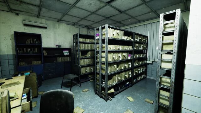 dim evidence storage room with shelves, sealed boxes with numbered tags, concrete walls and scattered debris, lonely chair, security camera mount, tense