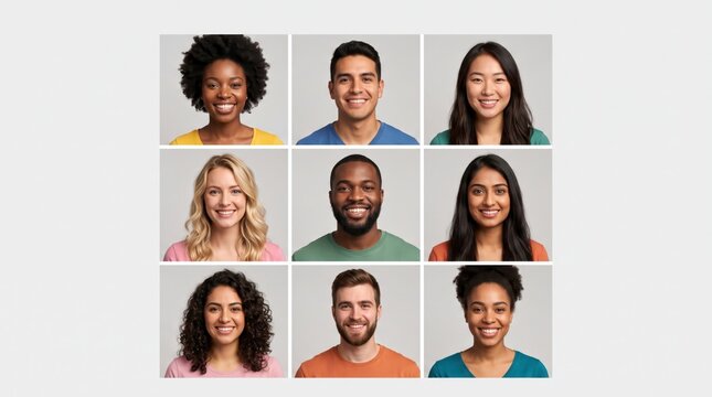 Diverse group of smiling multi-ethnic people portraits in a grid collage