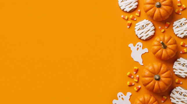 Halloween pumpkins, white ghosts, candy corn and mummy biscuits arranged along the right border on an orange background, creating a playful spooky frame with clean copy space