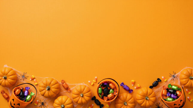 Halloween pumpkins, colorful candy bowls, black bats and spiders on webs arranged along the bottom border on an orange background, creating a spooky festive frame with copy space