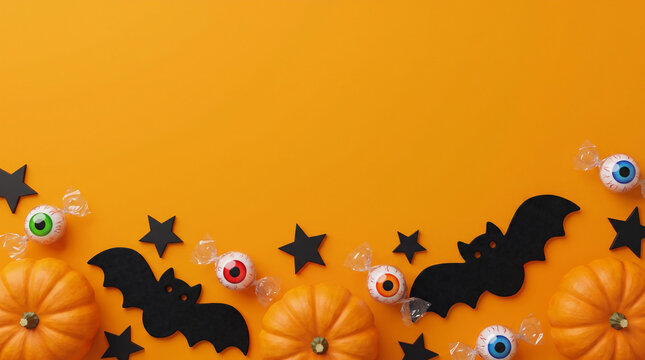 Halloween pumpkins, black bats, stars and colorful candy eyeballs arranged along the bottom border on an orange background, creating a playful spooky frame with copy space