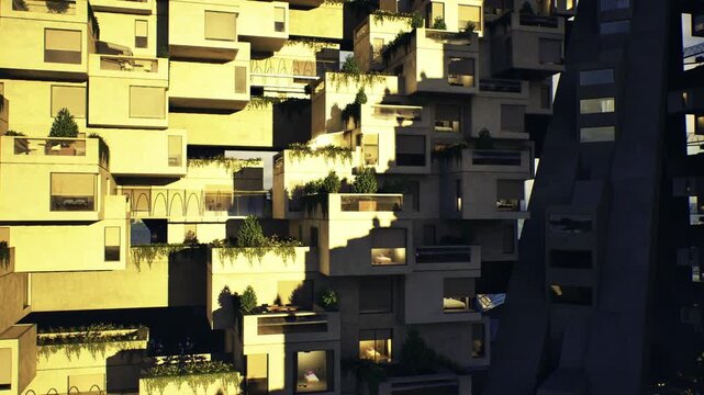 Detailed modular facade with illuminated windows, closeup of balcony rhythm and surface texture, warm interior glow contrasting cool concrete, real estate