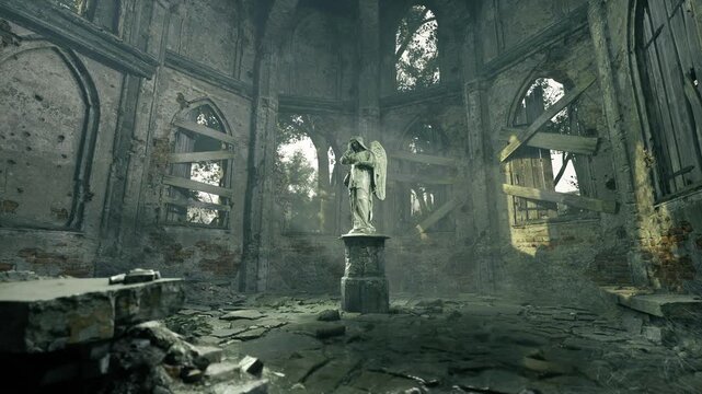 Dusty statue stands in ruined sanctuary, broken nave and shattered windows let soft light fall on carved figure, scattered rubble, tranquil solemn mood suited